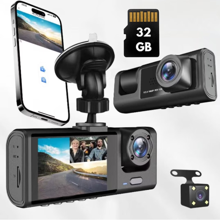 Camera Auto DVR, 3 In 1, Camera De Bord, Interior, Marsarier, Ultracompacta, FULL HD 1080P, Card Micro-SD 32GB Inclus, Wifi Conectare Telefon, Inregistrare in bucla,, G-Sensor, Unghi filmare larg, Smart Gadgets C&A