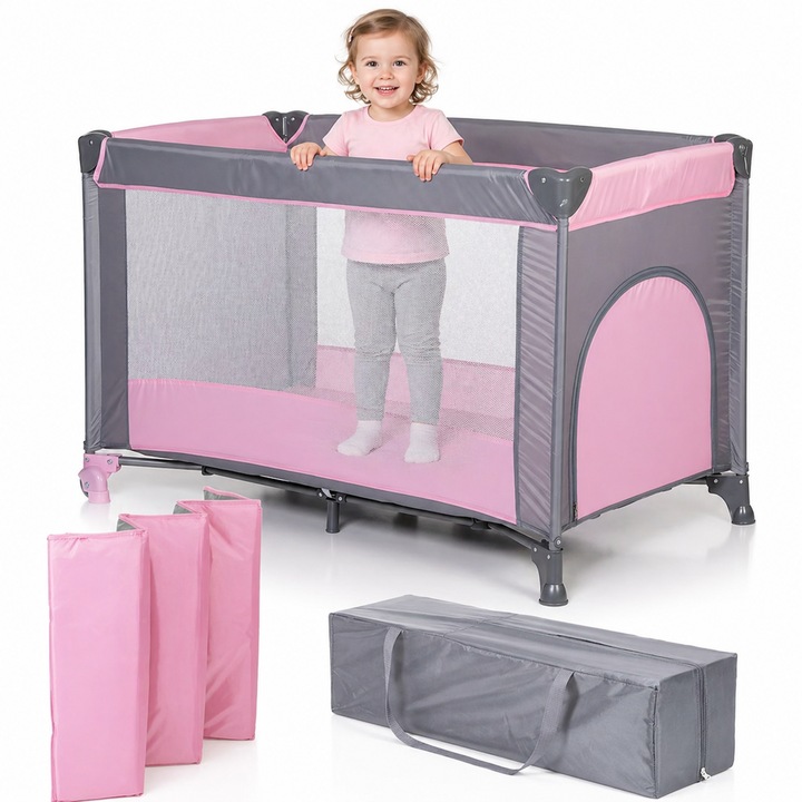 Patut de Voiaj si Tarc de Joaca 2in1 Multifunctional KiddoTrip™ Pliabil si Portabil, Intrare Laterala cu Fermoar, Plasa Transparenta pentru Monitorizare, Saltea Pliabila, Usor de Instalat, Doua Roti cu Frana, Organizator, Geanta Transport, Compact, Pink