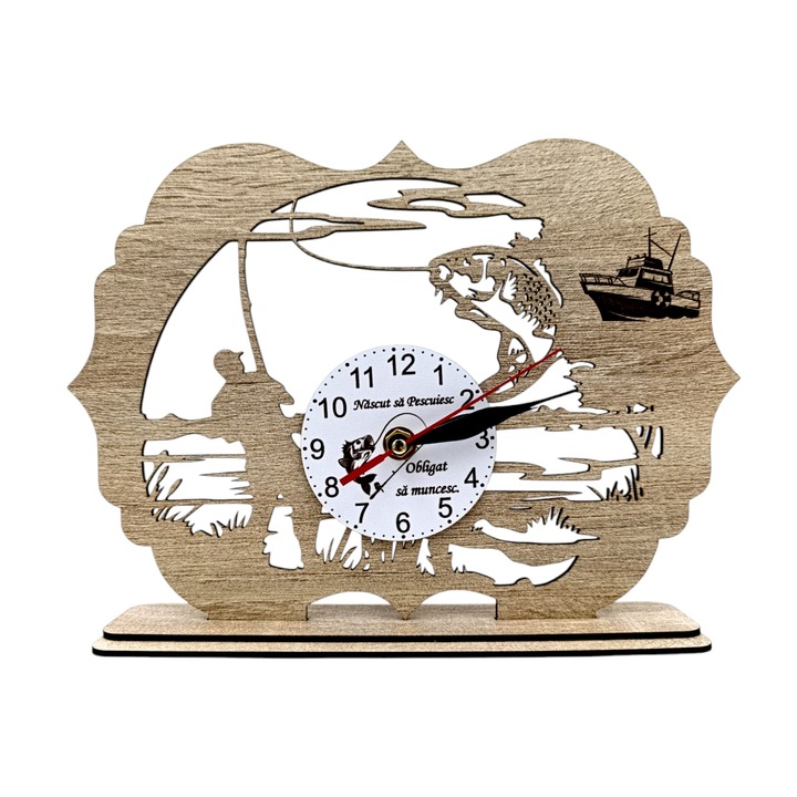 Tablou Ceas cu mesaj standard pentru Pescari "Nascut sa pescuiesc obligat sa muncesc..", cadou personalizat perfect pentru Iubitorii de Pescuit, 28x20cm