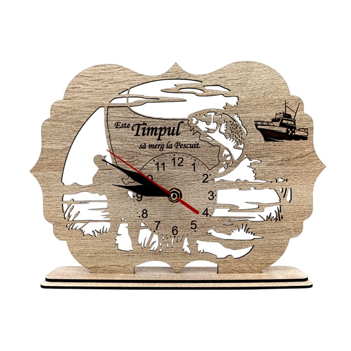 Tablou Ceas cu mesaj standard pentru Pescari "Este timpul sa merg la pescuit!", cadou personalizat perfect pentru Iubitorii de Pescuit, 28x20cm