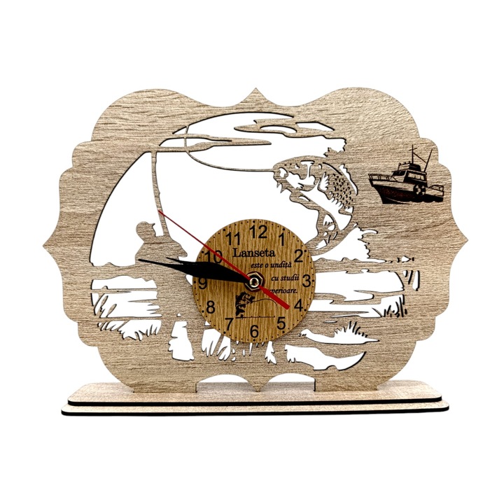 Tablou Ceas cu mesaj standard pentru Pescari "Lanseta este o undita cu studii..", cadou personalizat perfect pentru Iubitorii de Pescuit, 28x20cm, cadran maro