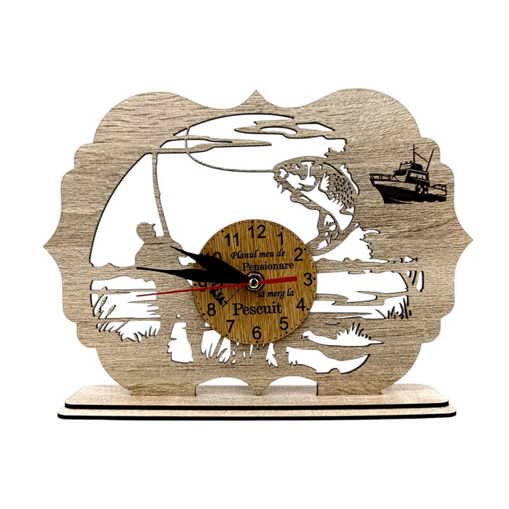 Tablou Ceas cu mesaj standard pentru Pescari "Planul meu de pensionare este...", cadou personalizat perfect pentru Iubitorii de Pescuit, 28x20cm, cadran maro