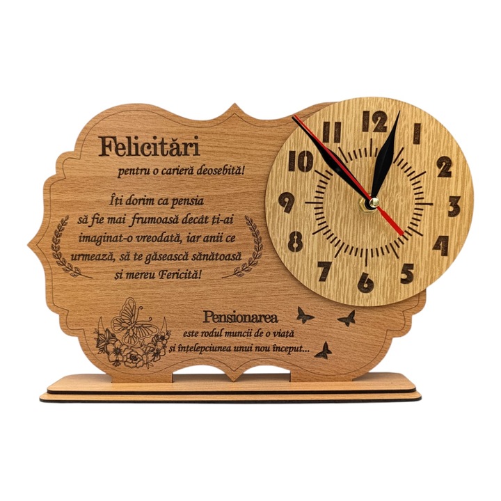 Tablou ceas personalizat cu mesaj standard pentru Pensionara, dimensiune 30x20cm, cadran maro