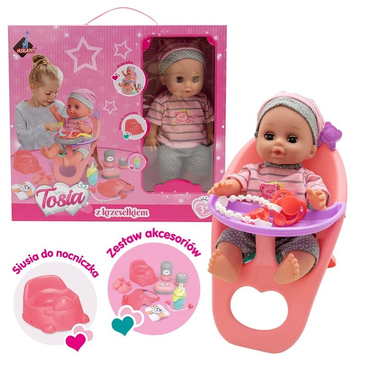 Baba etetőszékkel, Askato, 30 cm, rózsaszín-szürke, kiegészítő szett