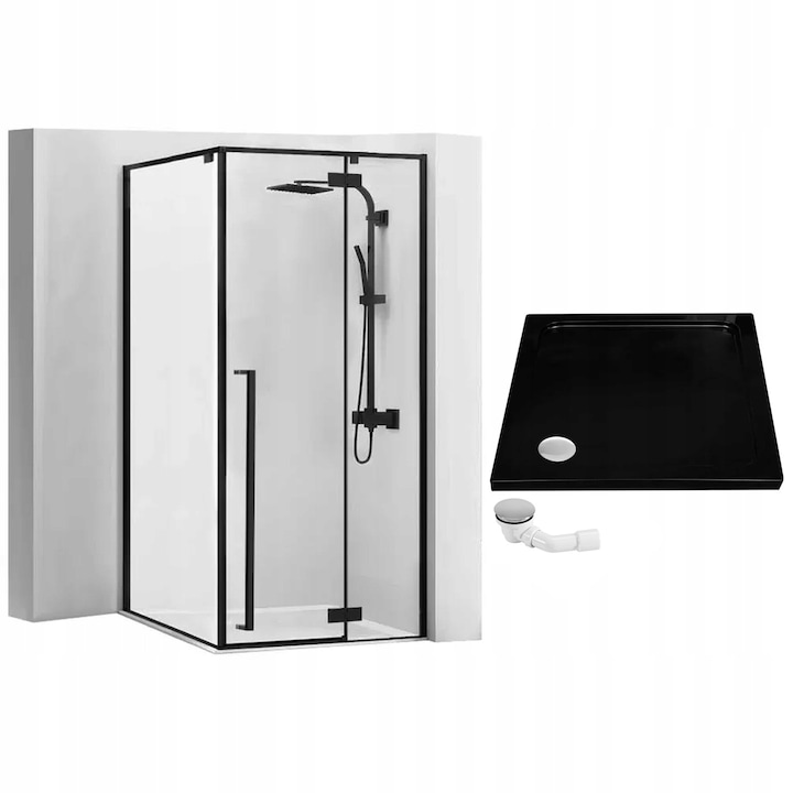 Cabina de dus Rea, Fargo Black, usi batante, sticla transparenta, profil negru, negru, 90x90 cm