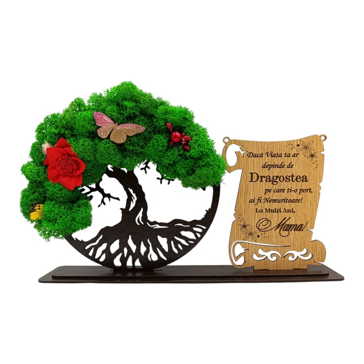 Tablou Copacul vietii cu licheni, decorat, cadou personalizat cu mesaj standard pentru Mama, model 2, 30x18cm, wenge