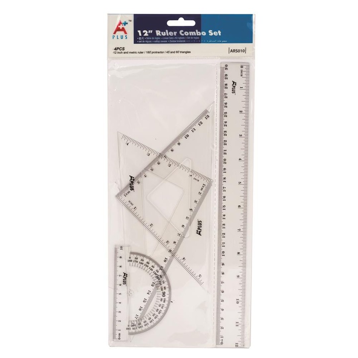 Комплект геометрични инструменти, Memobe, 4 елемента, прозрачен, 30 см