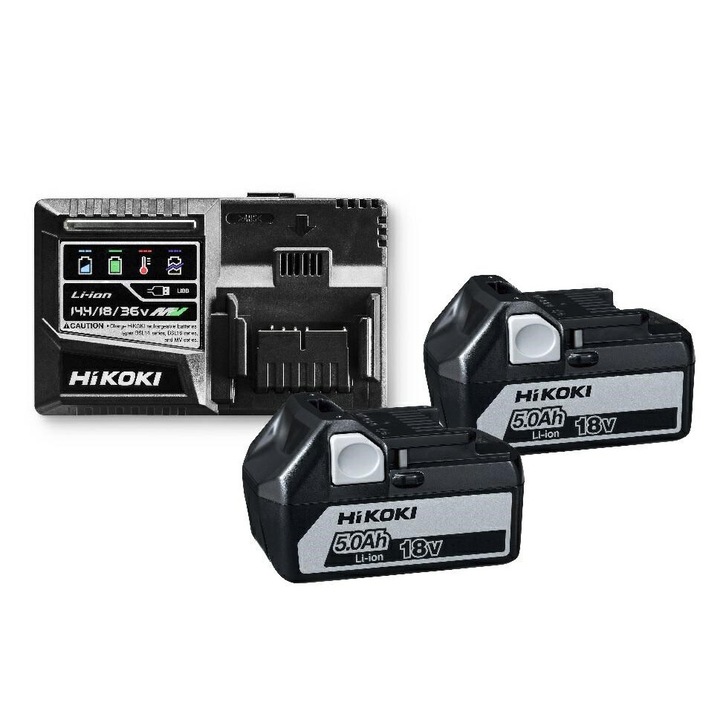 Комплект 2 батерии, HiKOKI, 18V, 5 Ah, със зарядно, черни/сиви