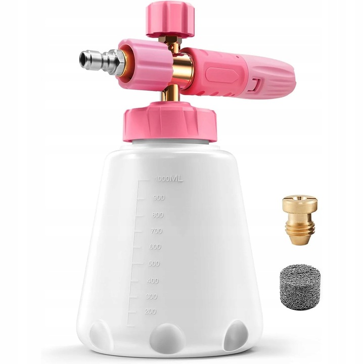 Recipient detergent cu duza din alama 1.2mm, Rosfix, 1L, transparent/roz, pentru aparate de spalat cu presiune