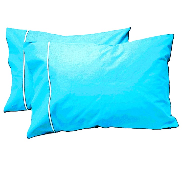 Комплект от 2 х Калъфка за възглавница с кант, 50 см x 80 см, Casa Bucuriei, тюркоазено синьо/бяло, 100% памук, две страни