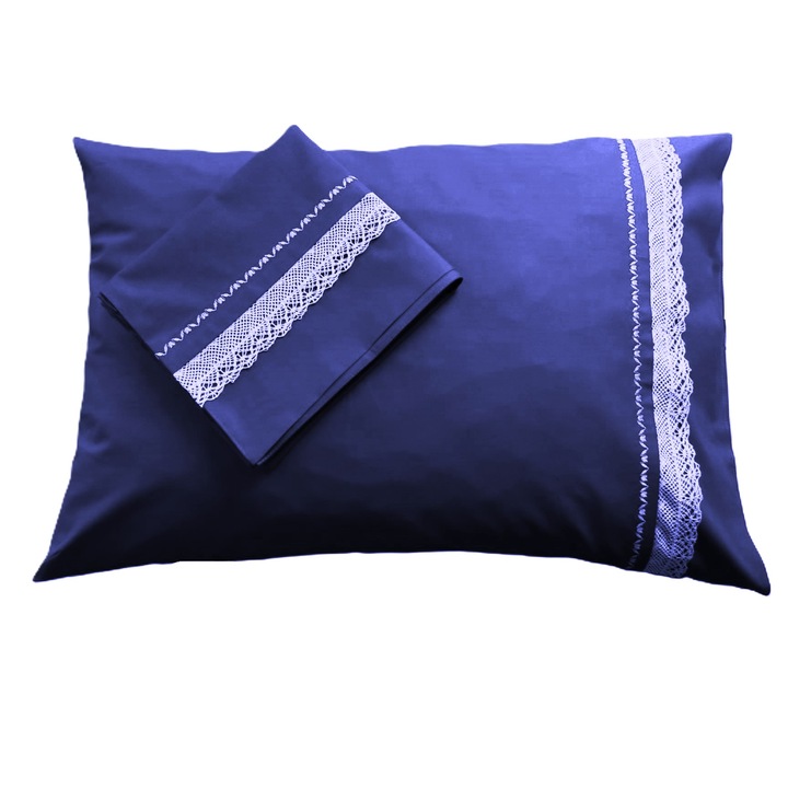 Set 2 x Fata de perna cu detaliu brodat, 60 cm x 70 cm, Casa Bucuriei, model Rustic, bleumarin/crem/auriu, Bumbac 100%, doua fete