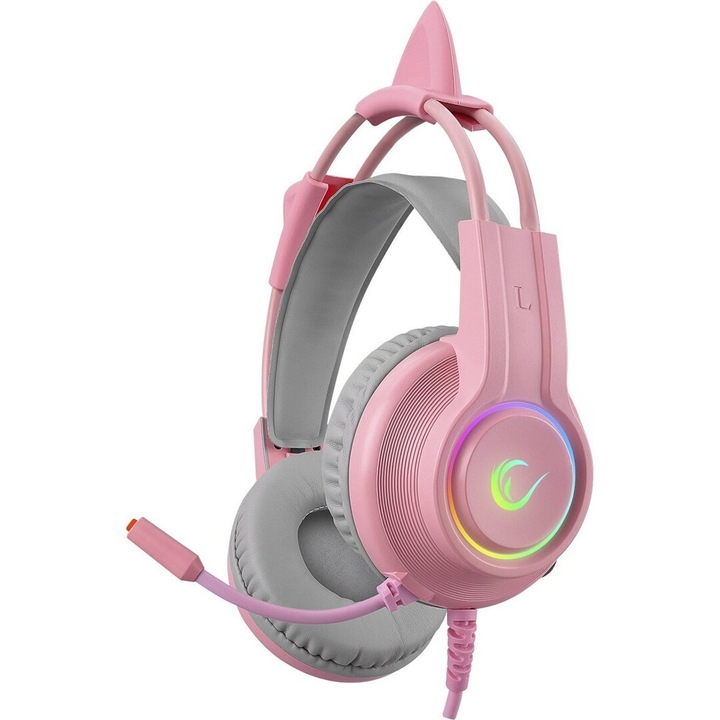 Слушалки за гейминг, Rampage, X-Catty, 7.1 RGB, 2 м, розов / сив цвят
