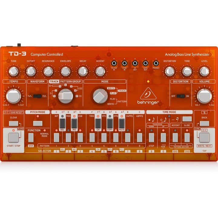 Behringer TD-3-TG analóg szintetizátor, USB port, piros szín, méretek 56x165x305mm