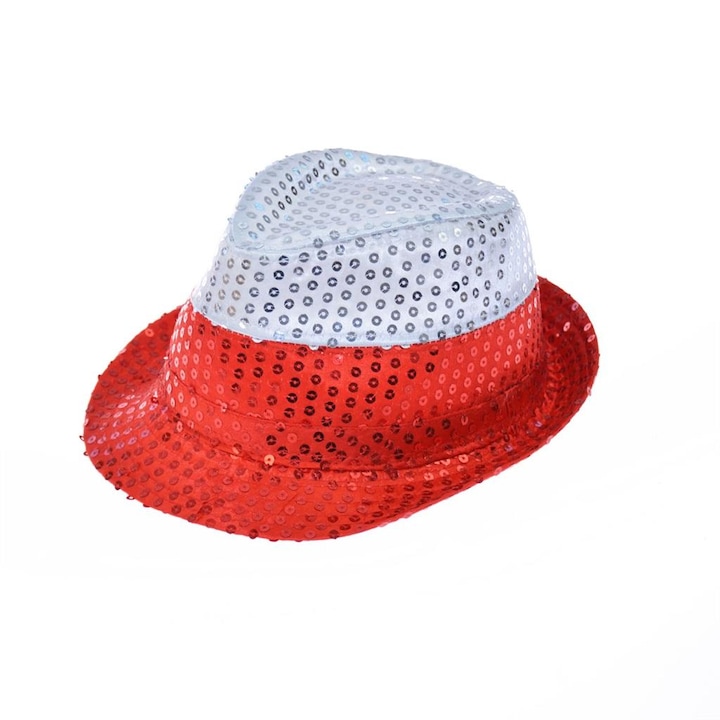 Шапка с бели и червени пайети