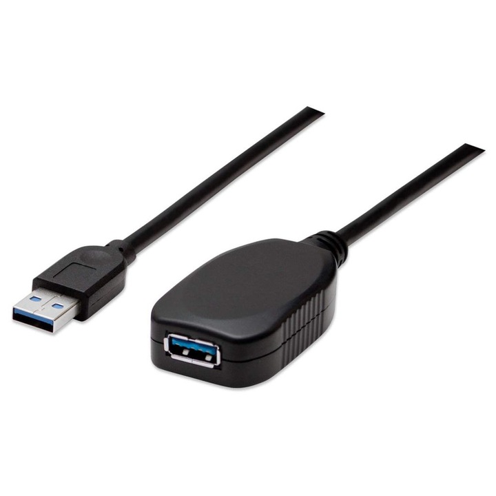 Cablu USB 3.0 activ, Manhattan, USB-A la USB-A M/F, 5m, negru