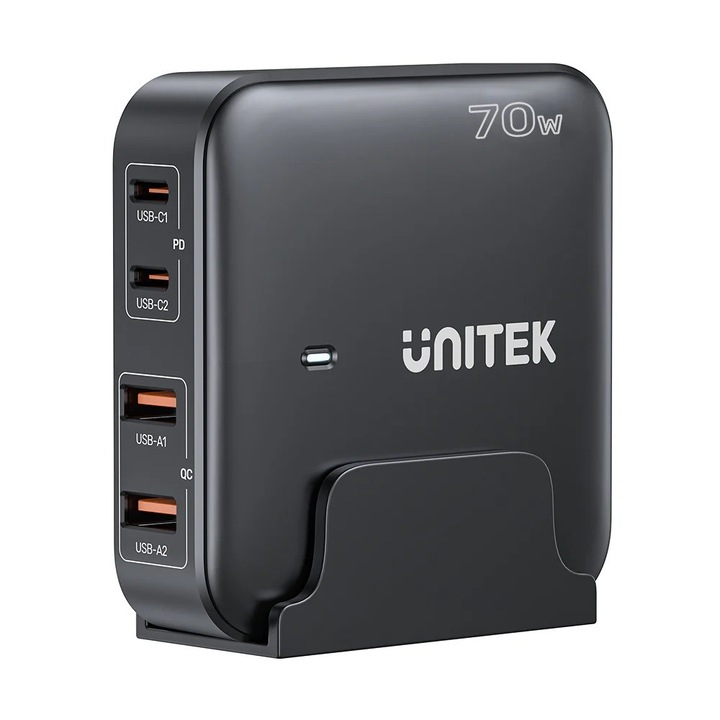 Unitek GAN 70W 2xUSB-A 2xUSB-C настолно зарядно, черно, 27.5x85x85mm