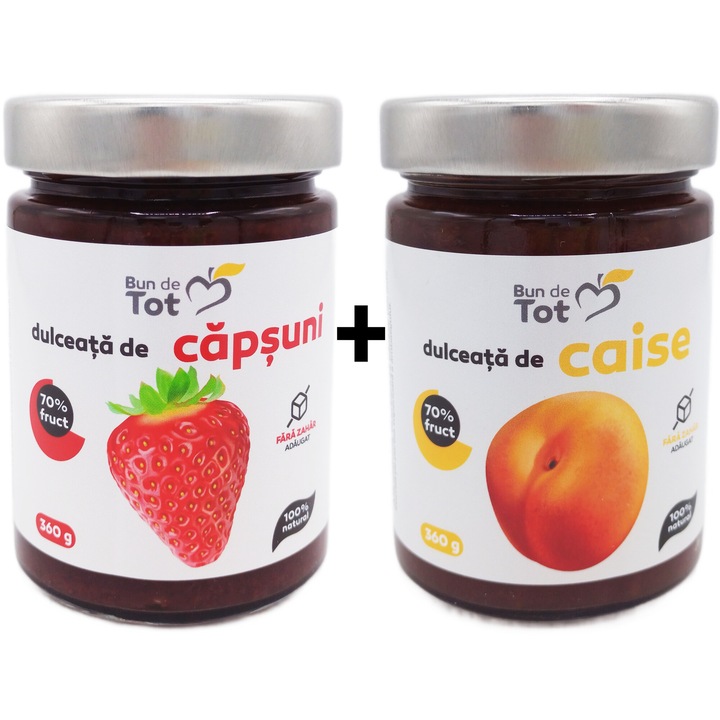 Pachet 2 Dulceturi de Caise si Capsuni cu 70% fruct, fara zahar, fara chimicale, 100% natural, Bun De Tot, 2x360g, Seva Plant