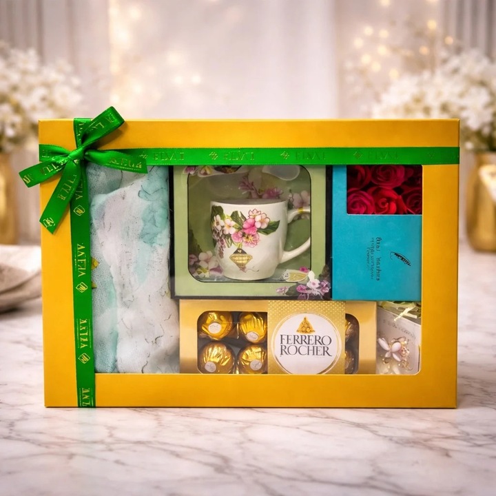 Pachet Spring, cana din ceramica cu lingurita, praline Ferrero Rocher 100gr, esarfa satinata cu matase, cutie turcoaz cu trandafiri din sapun, brosa, ambalate in cutie cadou, Velve