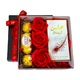 Pachet Glamour, cu 3 trandafiri din sapun, apa de parfum arabesc Mahasin femei 50 ml, praline Ferrero Rocher 50 gr, cutie cadou, Velve