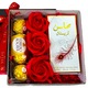 Pachet Glamour, cu 3 trandafiri din sapun, apa de parfum arabesc Mahasin femei 50 ml, praline Ferrero Rocher 50 gr, cutie cadou, Velve