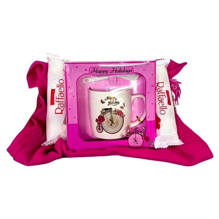 Boo Basket cu set cana din ceramica si lingurita, Esarfa dama si praline Raffaello, in cosulet imprimat, Roz, Velve