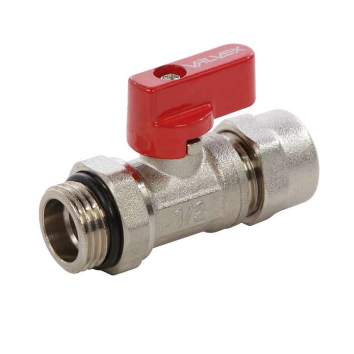 Robinet cu bila Valvex Mini Plus, alama nichelata, cu O-ring si conector Eurocone 16 x 2 - G1 / 2, pentru apa calda, cu piulita