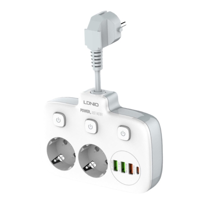 Захранващ адаптер, LDNIO, 2 предни порта, 3 USB, 1 Type-C, 6 в 1, PD+QC3.0, бързо зареждане 20W, бял