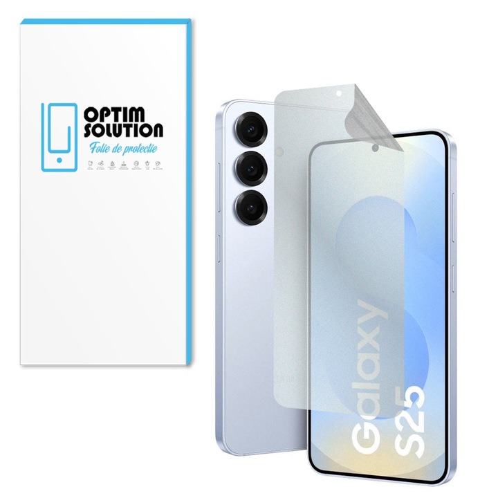 Folie Hydrogel Regenerabil MATTE pentru Samsung Galaxy S25, OPTIM SOLUTION, High Sensitivity, Textura Mata, UHD Clarity, NoReflexion, AntiShock, Flexible Hydro-Crystal, Silicon Compozitie Ultrasafe Membran, Elite Class Protection, Transparenta