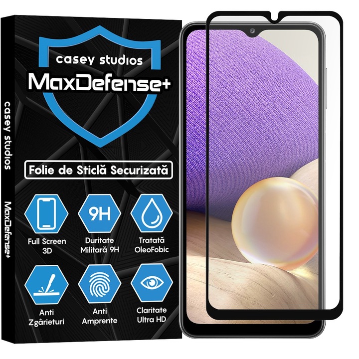 CASEY STUDIOS™ üvegfólia Samsung Galaxy A32 5G / A12 NACHO / A12 / M12 / A02 / F12 / M02 telefonhoz, teljes borító 3D, teljes ragasztó, katonai keménység, ultra HD, professzionális 3D képernyővédelem, karcolás, ujjlenyomat mentes, fekete élek