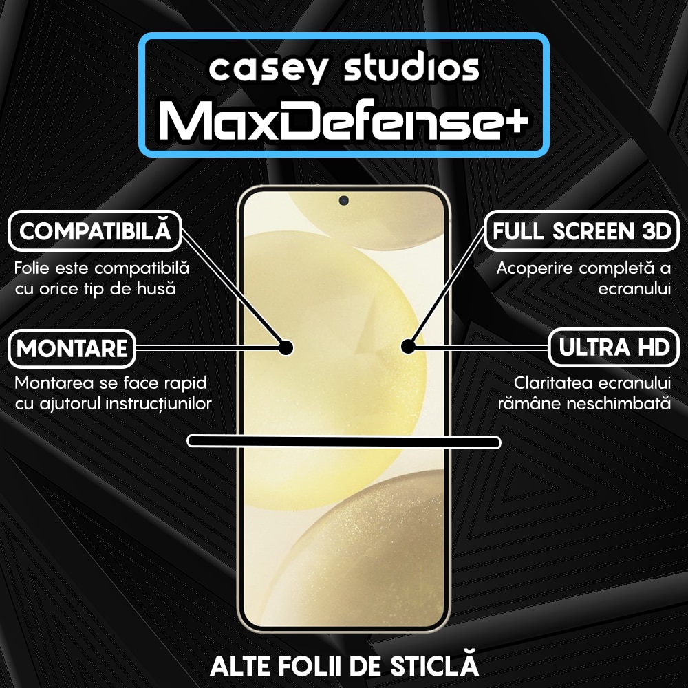 Folie Sticla CASEY STUDIOS™ compatibila cu Samsung Galaxy S24 Plus, Full Cover 3D, Full Glue, Duritate Militara, Ultra HD, Anti Zgarieturi, Anti Amprente, Margini Negre