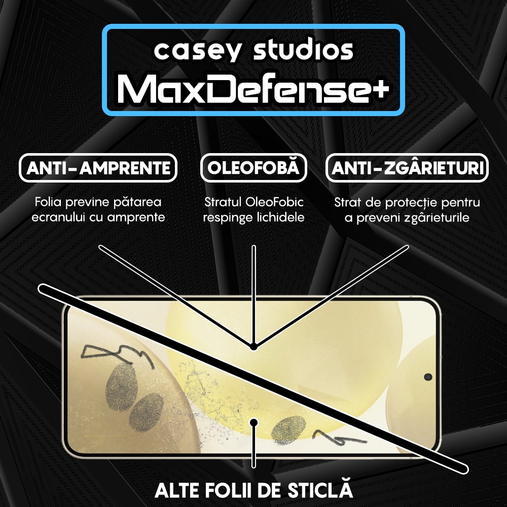 Folie Sticla CASEY STUDIOS™ compatibila cu Samsung Galaxy S24 Plus, Full Cover 3D, Full Glue, Duritate Militara, Ultra HD, Anti Zgarieturi, Anti Amprente, Margini Negre