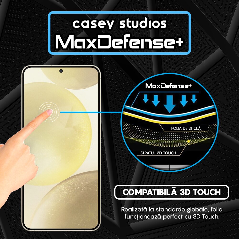 Folie Sticla CASEY STUDIOS™ compatibila cu Samsung Galaxy S24 Plus, Full Cover 3D, Full Glue, Duritate Militara, Ultra HD, Anti Zgarieturi, Anti Amprente, Margini Negre