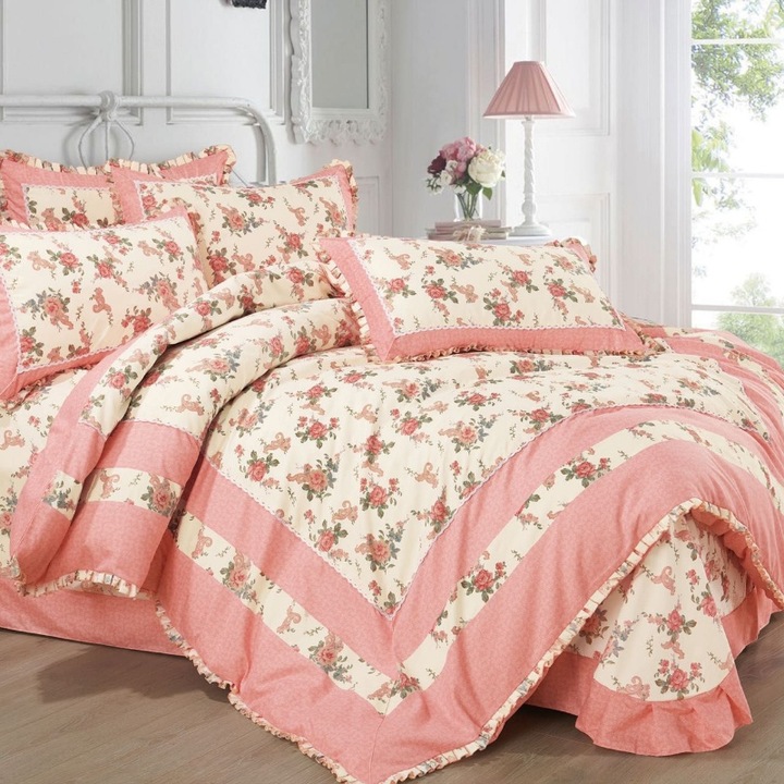 Двоен комплект спално бельо, фин, с бродерия и волани Pink Petal, 4 части