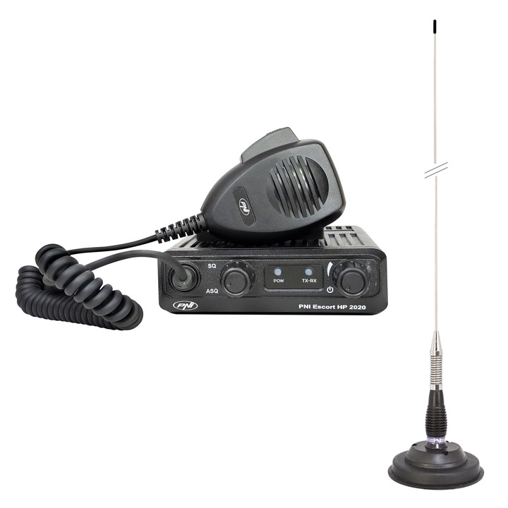 Pachet Statie radio CB PNI Escort HP 2020 canal 22, ASQ, frecventa 27.225 MHz si antena CB PNI ML100, 100 cm cu magnet inclus