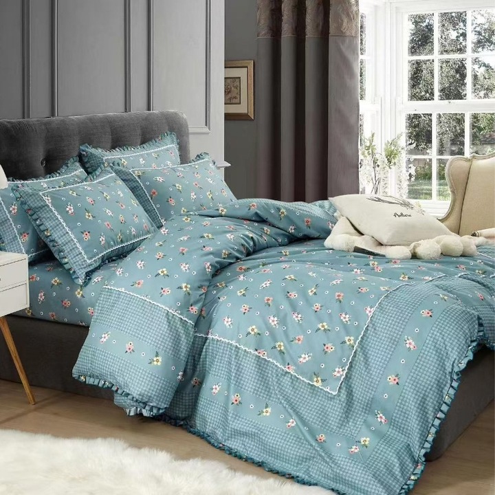 Set lenjerie de pat dublu, finet, cu broderie si volanase Celestial, 4 Piese