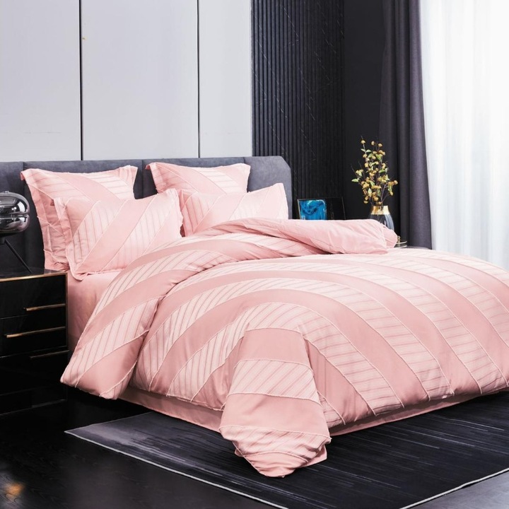 Set lenjerie de pat dublu, finet, cu Broderie si Insertii Lines Pudra, 6 Piese