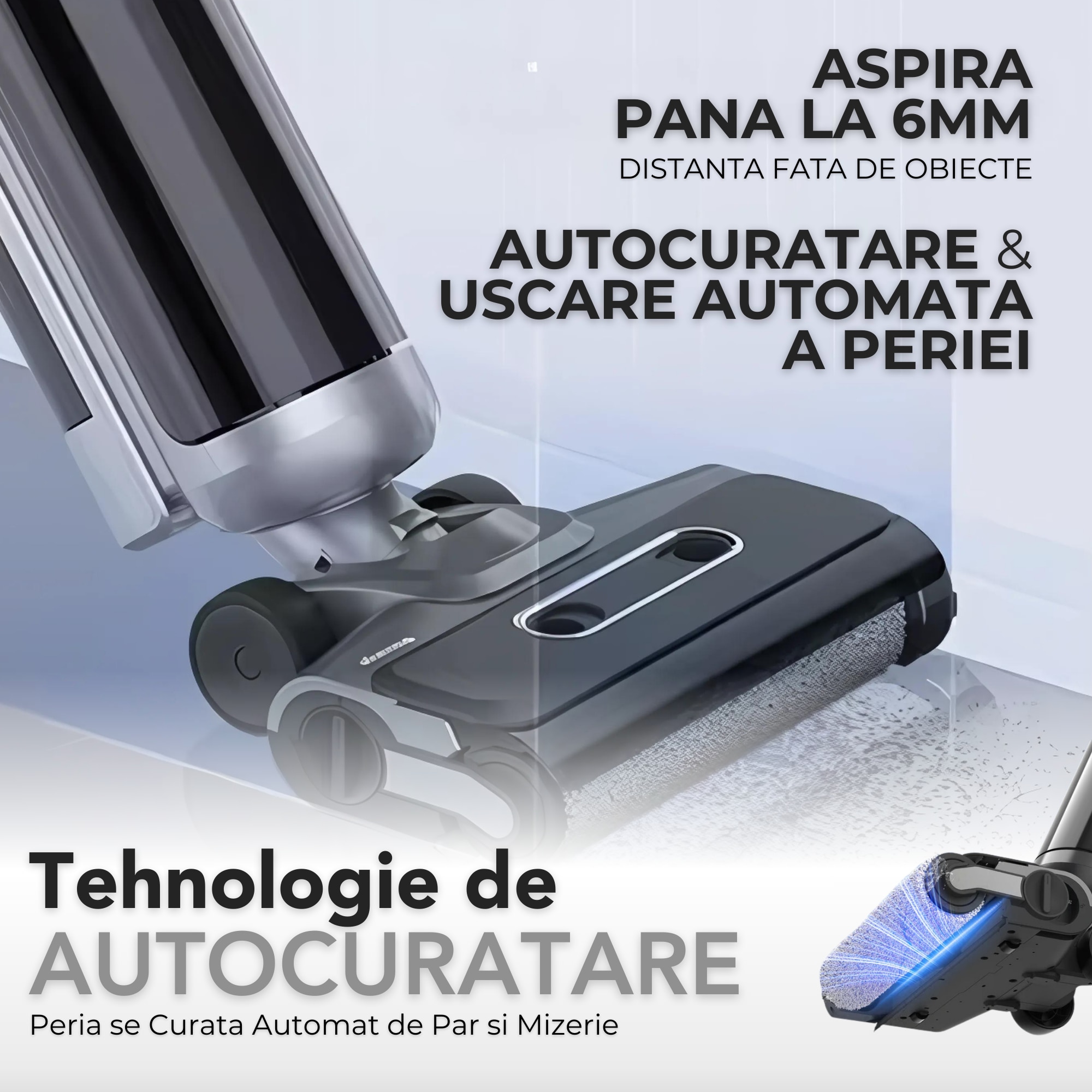 Aspirator Vertical Cu Spalare, Uniorange®, Fara Fir, Putere 16000 Pa, Baterie 4000 mAh, Autonomie 60 Minute, 3 Moduri De Curatare, Tehnologie Autocuratere, Silentios, Design Ergonomic, Usor De Utilizat, Rezervor 0.76 L, Argintiu