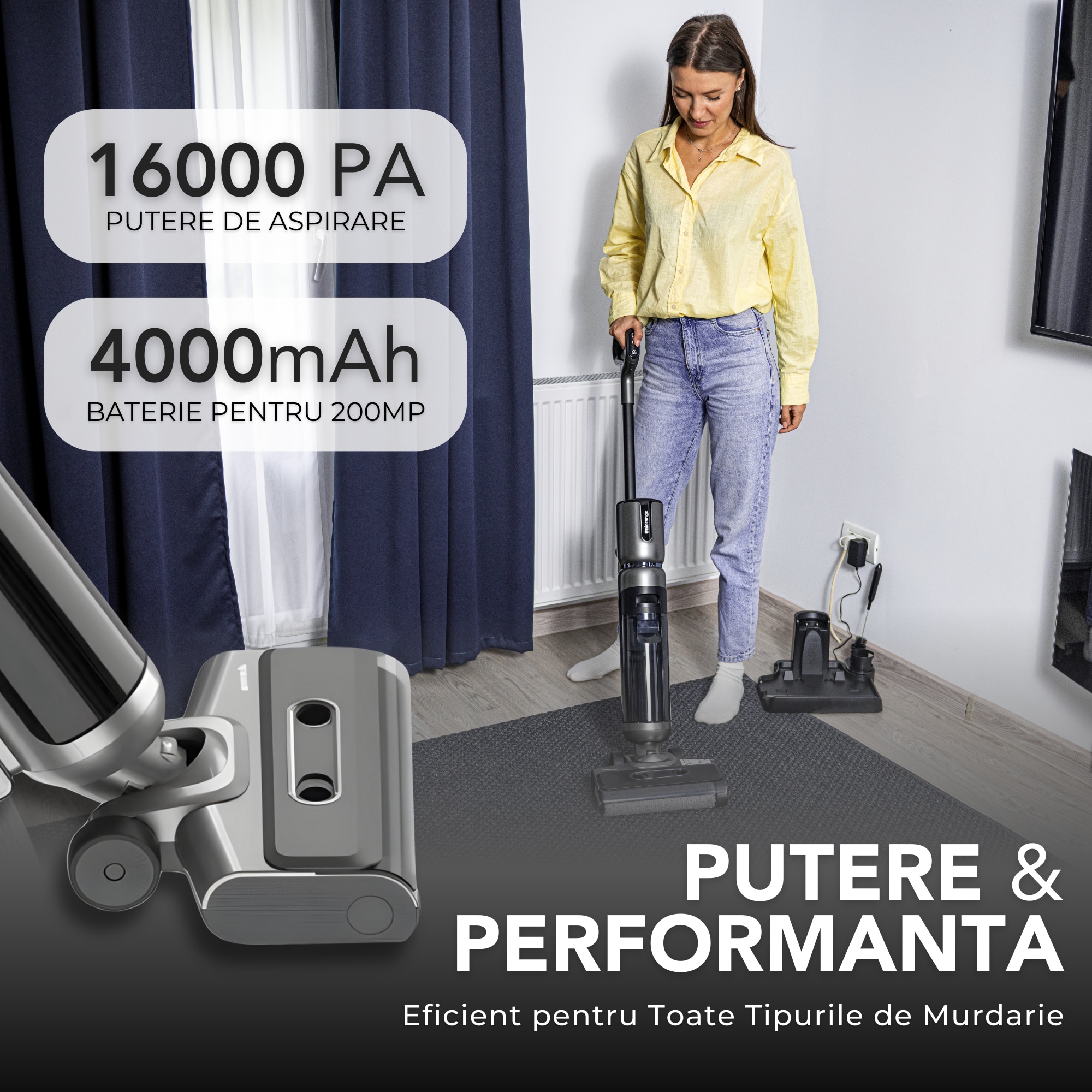 Aspirator Vertical Cu Spalare, Uniorange®, Fara Fir, Putere 16000 Pa, Baterie 4000 mAh, Autonomie 60 Minute, 3 Moduri De Curatare, Tehnologie Autocuratere, Silentios, Design Ergonomic, Usor De Utilizat, Rezervor 0.76 L, Argintiu