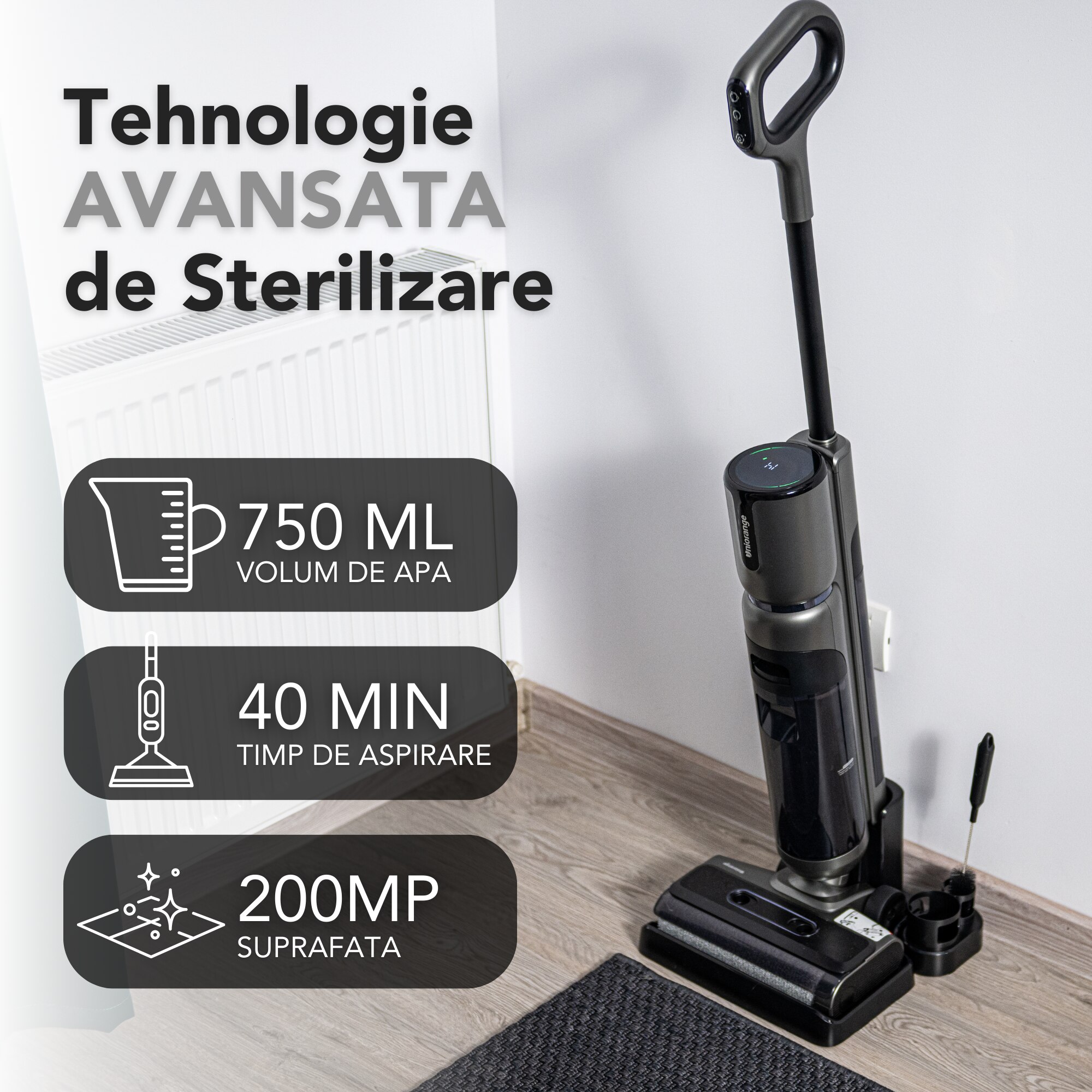 Aspirator Vertical Cu Spalare, Uniorange®, Fara Fir, Putere 16000 Pa, Baterie 4000 mAh, Autonomie 60 Minute, 3 Moduri De Curatare, Tehnologie Autocuratere, Silentios, Design Ergonomic, Usor De Utilizat, Rezervor 0.76 L, Argintiu