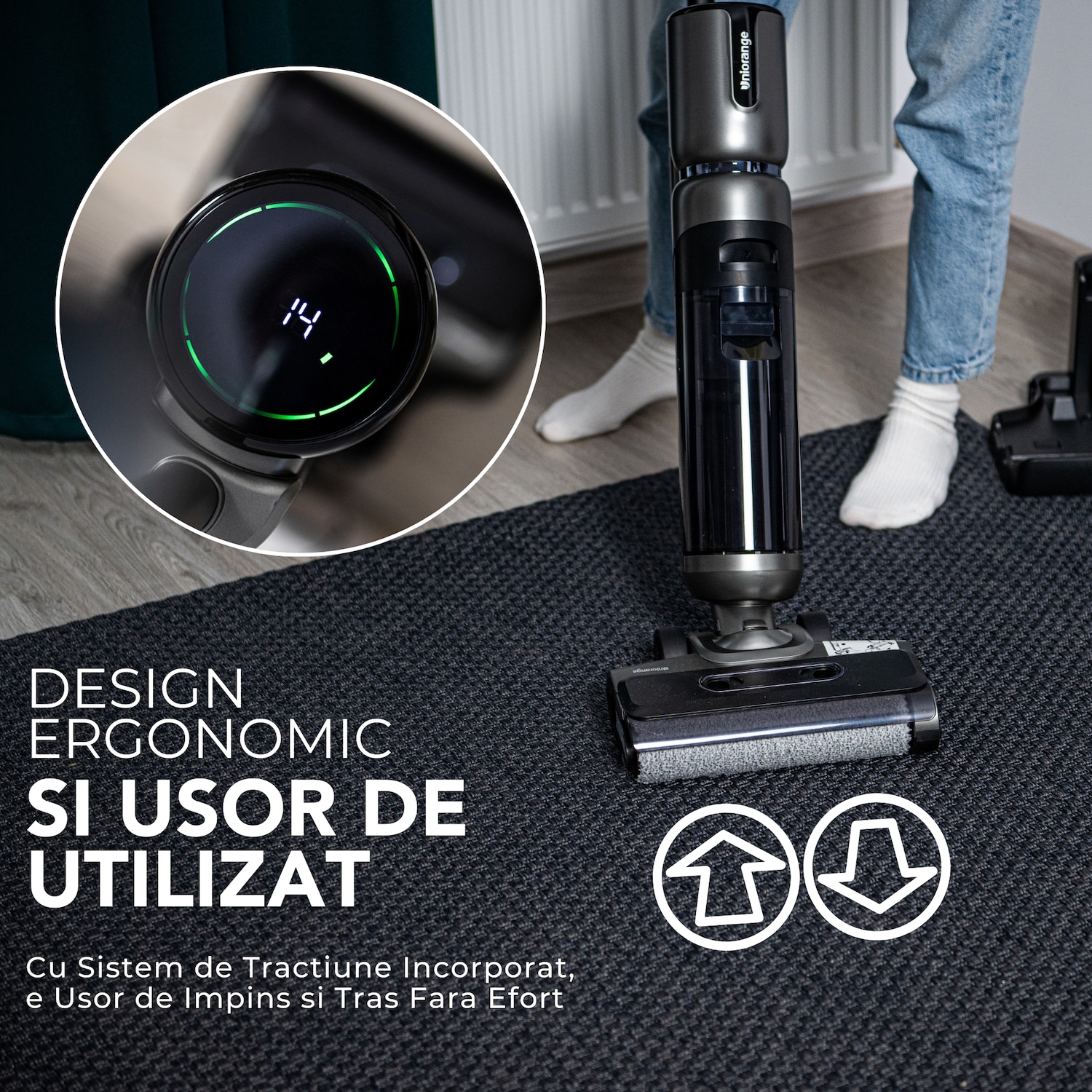 Aspirator Vertical Cu Spalare, Uniorange®, Fara Fir, Putere 16000 Pa, Baterie 4000 mAh, Autonomie 60 Minute, 3 Moduri De Curatare, Tehnologie Autocuratere, Silentios, Design Ergonomic, Usor De Utilizat, Rezervor 0.76 L, Argintiu