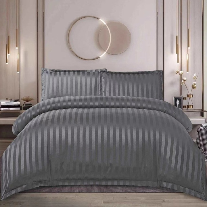 Dupla ágyneműgarnitúra, finom, illeszkedő lepedő 180x200 cm, Damaszt, Vella sötétszürke, 4 db