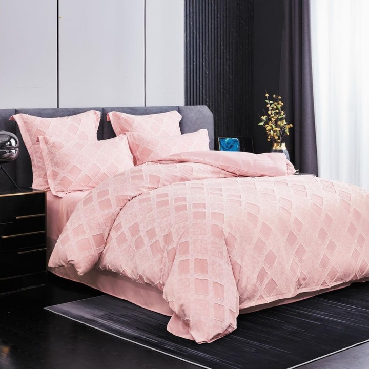 Set lenjerie de pat dublu, finet, cu Broderie si Insertii Neat Romb Pudra, 6 Piese