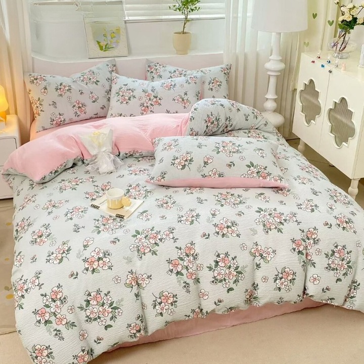 Dupla ágyneműgarnitúra, finom, krepp, 140x200 cm-es, illeszkedő lepedő, Flores