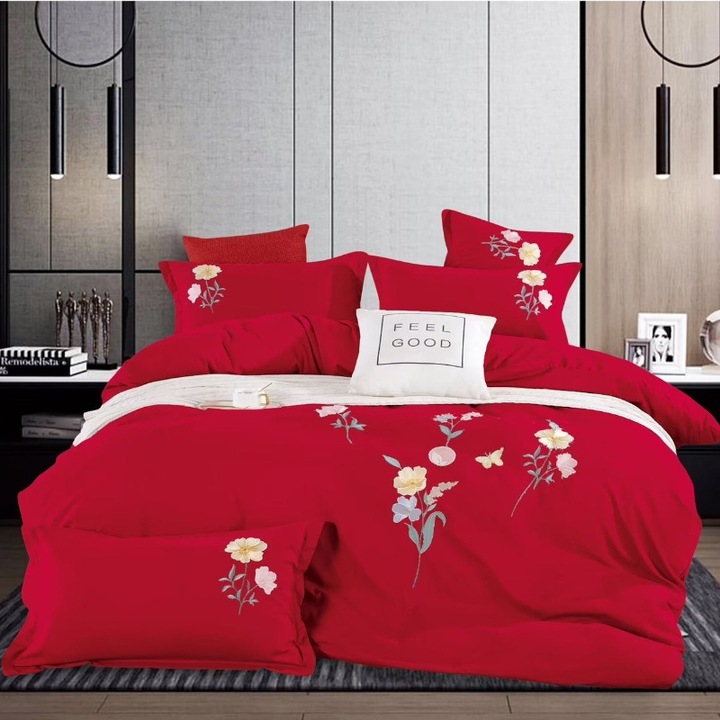 Dupla ágyneműgarnitúra, finom, illeszkedő lepedő elasztikus 180x200 cm, hímzéssel, Sandro V5 Red