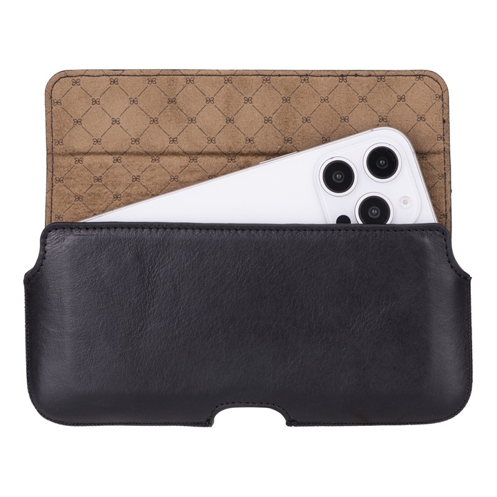 Калъф за iPhone 16 Pro Max, 15 Pro Max, 15 Plus, 14 Pro Max, 14 Plus, 13 Pro Max, Samsung Galaxy S25 Ultra, S24 Ultra, S23 Ultra, S22 Ultra, S21 Ultra, Z Fold6, Z Fold5, Z Fold4, Bouletta Aslant, от естествена кожа за колан, цвят Rustic black