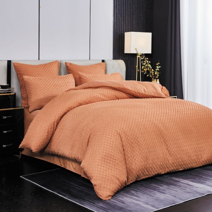 Двоен спален комплект, фин, с бродерия и тухлени квадратни точки, 6 части