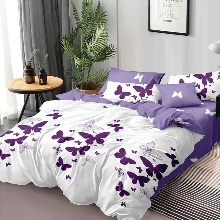 Set lenjerie de pat dublu, finet, cearsaf de pat cu elastic 180x200 cm, Lukis, 6 Piese