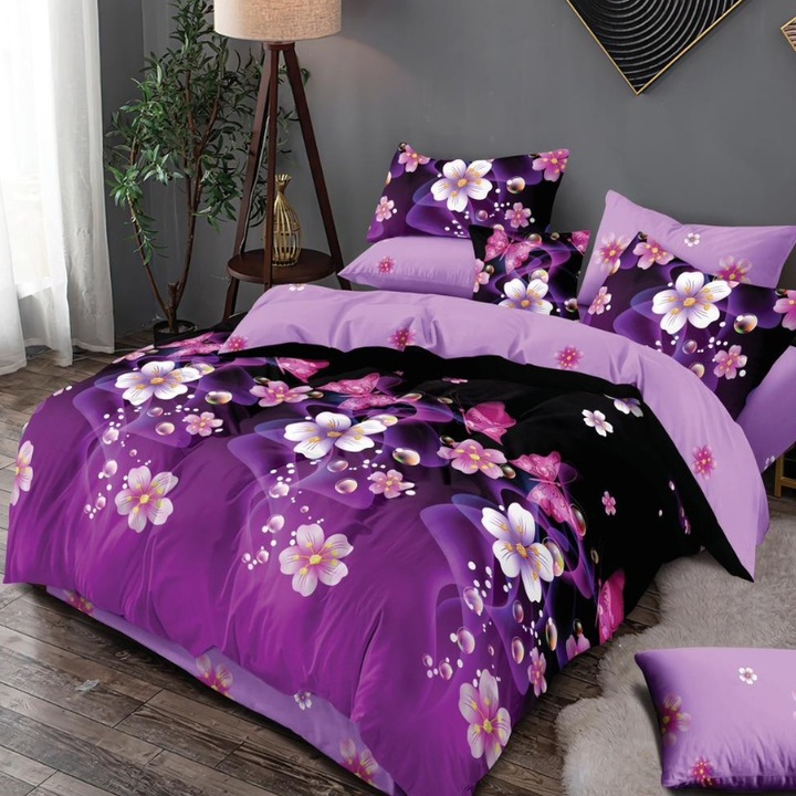 Set lenjerie de pat dublu, finet, cearsaf de pat cu elastic 180x200 cm, Tuscan, 6 Piese