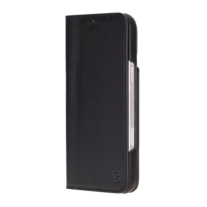 Slim tok iPhone 16 Pro hoz, Bouletta Sonata, prémium természetes bőr, MagSafe kompatibilis, könyv típus, kártyazsebek, állvány funkció, Fekete Rustic black