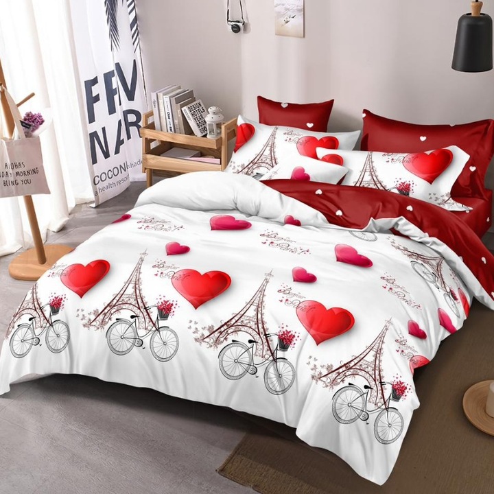 Set lenjerie de pat dublu, finet, Paris Love, 6 Piese